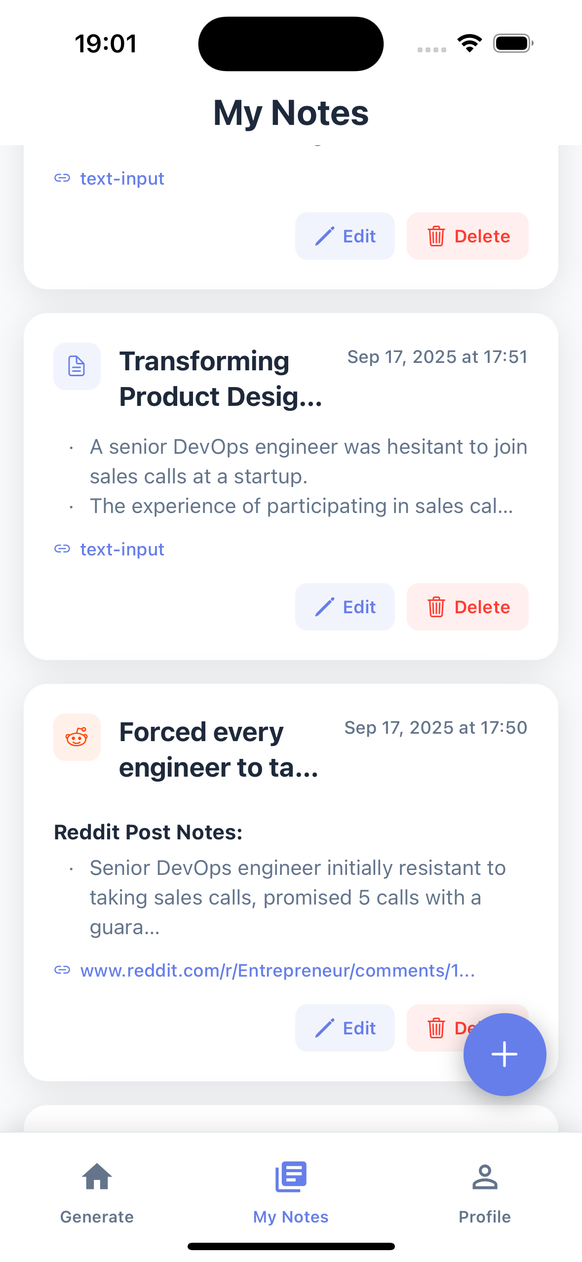 PostPiny App - My Notes Screen